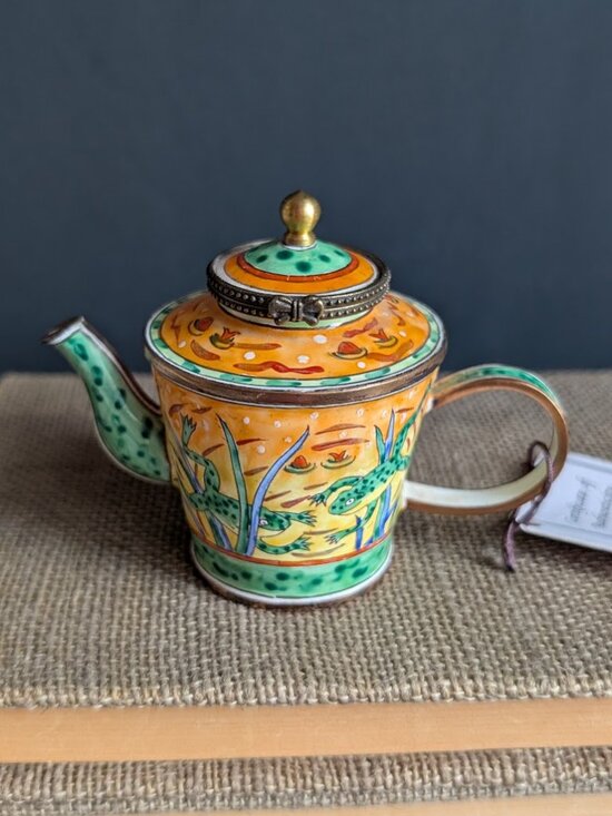 Kelvin Chen Jumping Frogs on Pond Enameled Miniature Teapot with Hinged Lid - Picture 1 of 10
